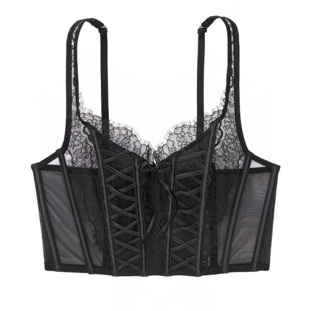 NWOT Victoria’s Secret black lace corset cropped longline bra top 15569
